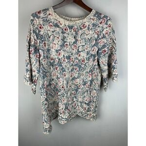 SOLITAIRE Women Floral Lace Trim 3/4 puff Sleeve Top Blouse Size Large